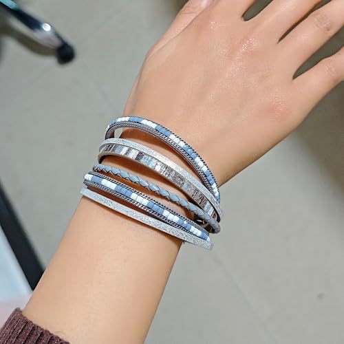 ZMANYIJEW Leather Wrap Bracelets for Women,Boho Cuff Bracelets Multi-Layer Crystal Beads Cuff Bracelet Multilayered Leopard Leather Braided Bangle Wrist Cuff Bangles - style: grey