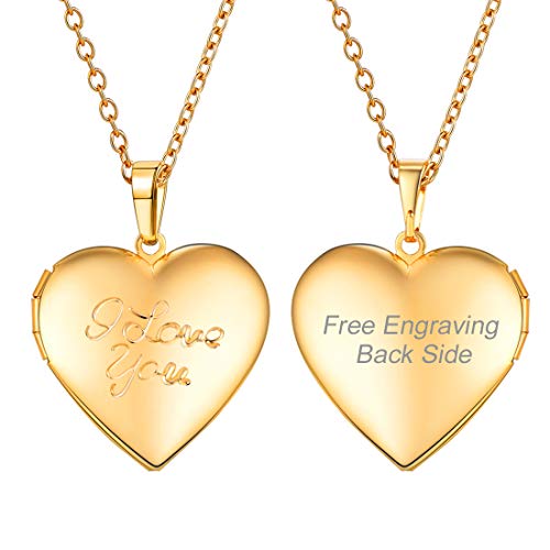 U7 Custom Photo Locket Necklace - Oval & Heart Shaped Locket - Gold/Silver/Rose Gold Personalized Image Necklaces for Women - color: 03-Gold I Love You, style: b. locket+text