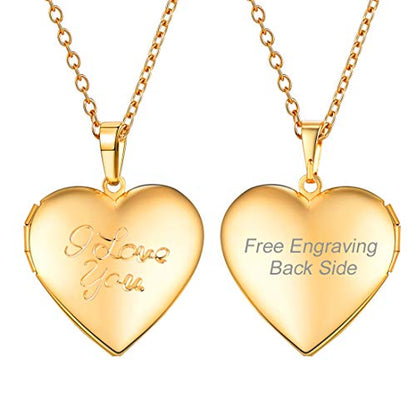 U7 Custom Photo Locket Necklace - Oval & Heart Shaped Locket - Gold/Silver/Rose Gold Personalized Image Necklaces for Women - color: 03-Gold I Love You, style: b. locket+text