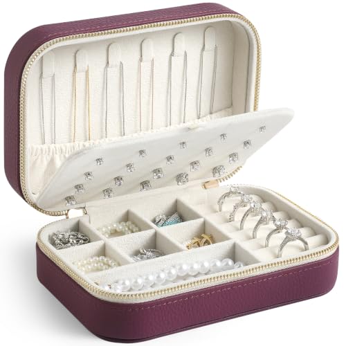 Genuine Leather Travel Jewelry Organizer Case for Women, Small Mini Portable Jewelry Box for Ring Earrings Necklace Bracelet Luxury Gift for Women Purple - color: Purple