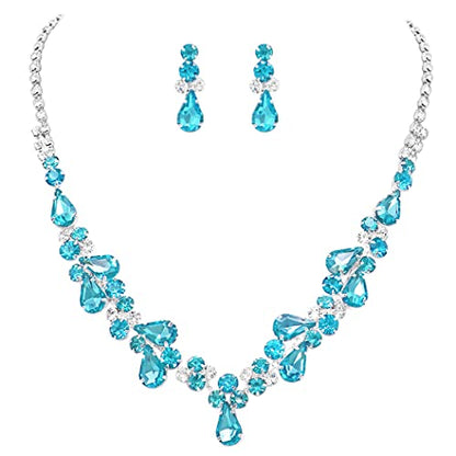 Rosemarie Collections Women's Stunning Rhinestone Crystal Teardrop Statement Necklace Hypoallergenic Drop Earrings Set, 15"+6" Extender - color: Aqua Blue Silver Tone