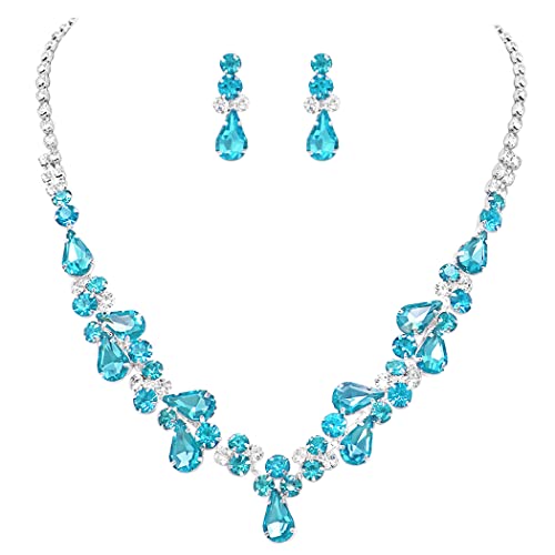Rosemarie Collections Women's Stunning Rhinestone Crystal Teardrop Statement Necklace Hypoallergenic Drop Earrings Set, 15"+6" Extender - color: Aqua Blue Silver Tone