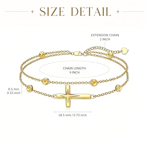Midari 18K Yellow Gold Gemstone Birthstone Anklet Bracelet Cross Jewelry with 12 Months Birthstone Birthday Gifts for Women Wife Her Daughter Mom - color: 11-Nov-Citrine, size: Anklet 9"-11"