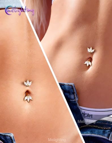 Melighting 14G Gold Lotus Belly Button Ring, Double CZ Navel Ring 316L Surgical Stainless Steel Marquise 5A CZ Steel Belly Bar 8 mm/10 mm - color: Gold, size: 14g10mm
