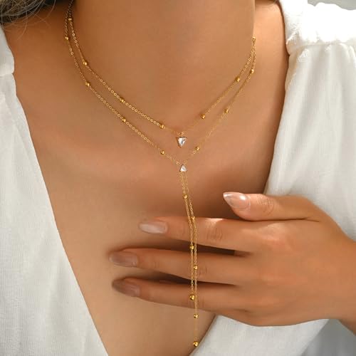 Dainty 18K Gold Plated Lariat Necklace for Women Delicate Y Chain Rose Pearl Diamond Long Drop Necklace Layering Bridal Jewelry Gift - color: 2 Layered Bead CZ-Gold