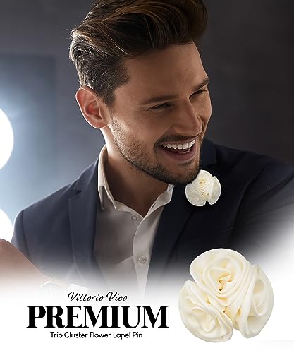 Premium Trio Cluster Flower Lapel Pin - Formal Boutonniere for Men, Flower Brooch Pin - color: Ivory