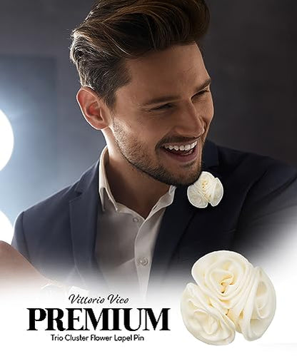 Premium Trio Cluster Flower Lapel Pin - Formal Boutonniere for Men, Flower Brooch Pin - color: Ivory