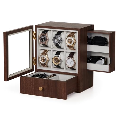 Homde Wooden Watch Box for Men: Display Case with 6 Slots | Organizer for Watches Glasses Jewelry - Nightstand Dresser Display-Clear Dustproof Window for Easy Viewing (M Size) - size: M