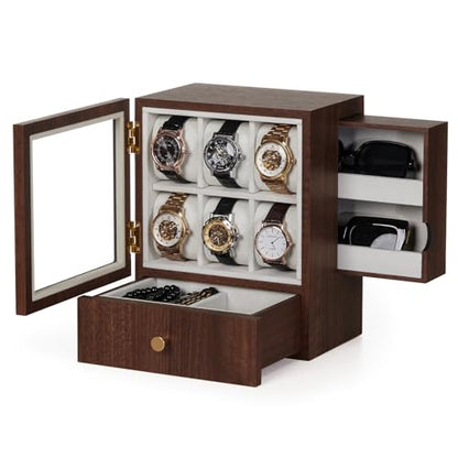 Homde Wooden Watch Box for Men: Display Case with 6 Slots | Organizer for Watches Glasses Jewelry - Nightstand Dresser Display-Clear Dustproof Window for Easy Viewing (M Size) - size: M