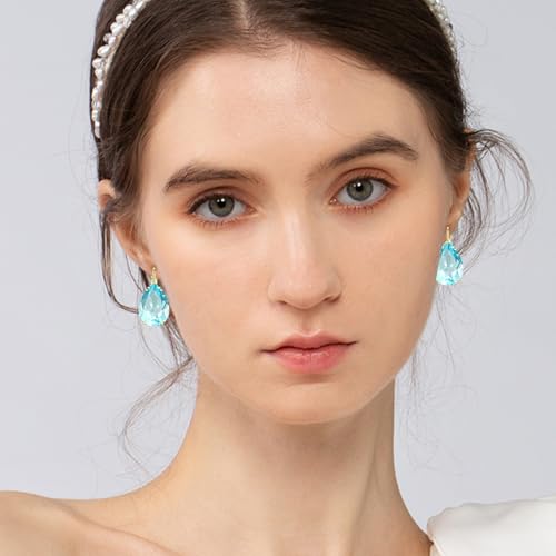14K Gold Teardrop Crystal Leverback Earrings Sparkly Rhinestone Water Droplet Dangle Drop Earrings For Women - color: Blue