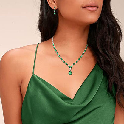 EVER FAITH Pear Shaped Cubic Zirconia Bridal Wedding Jewelry Set for Women | Gorgeous Water Drop Bride Necklace Dangle Earrings, for Bride Bridesmaid - color: Green