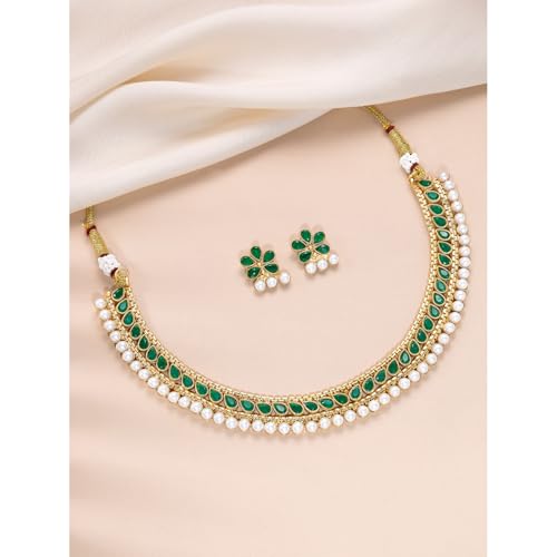 Aheli Ethnic Faux Kundan Pearl Fancy Bridal Choker Necklace Indian Traditional Bollywood Jewelry Set with Earrings Gift for Women - color: Green & White