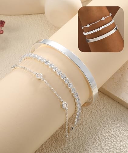 ZOERAY Silver Gold Bangle Bracelets for Women Non Tarnish 14k Gold Plated Stackable Cuff Bracelets for Women Trendy Cubic Zirconia Stainless Steel Chunky Bracelet Stack Set Waterproof Jewelry Gifts - color: D.Cubic Zirconia-Silver
