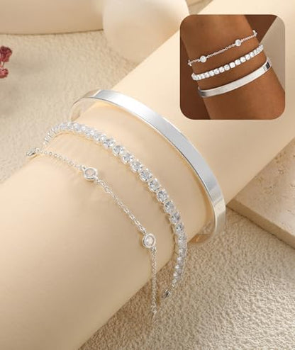 ZOERAY Silver Gold Bangle Bracelets for Women Non Tarnish 14k Gold Plated Stackable Cuff Bracelets for Women Trendy Cubic Zirconia Stainless Steel Chunky Bracelet Stack Set Waterproof Jewelry Gifts - color: D.Cubic Zirconia-Silver