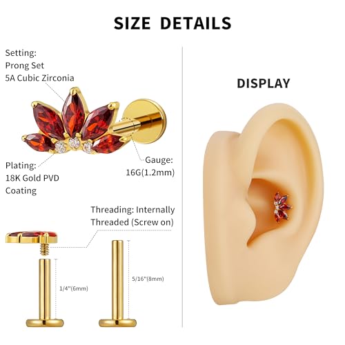 FINE4U 1PC ASTM F136 Titanium 16G Flatback Stud for Tragus, Helix, Conch 6mm 8mm - Screw on Cartilage Earring Piercing Jewelry - color: Flower CZ - Garnet - Gold