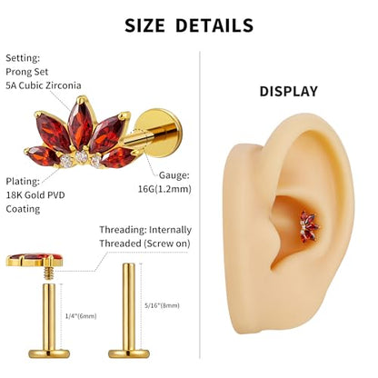 FINE4U 1PC ASTM F136 Titanium 16G Flatback Stud for Tragus, Helix, Conch 6mm 8mm - Screw on Cartilage Earring Piercing Jewelry - color: Flower CZ - Garnet - Gold