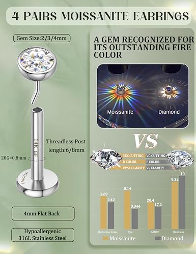 8 Pcs Moissanite Nose Studs Flat Back Earrings 16G/18G/20G | 14K Gold Plated Hypoallergenic Nose Studs, Moissanite Nose Rings for Women Men, Lip, Helix, Conch Piercing Jewelry, Flat Back - color: Silver| 20G(0.8MM)-Bar-6/8MM&Moissanite-2/3/4MM