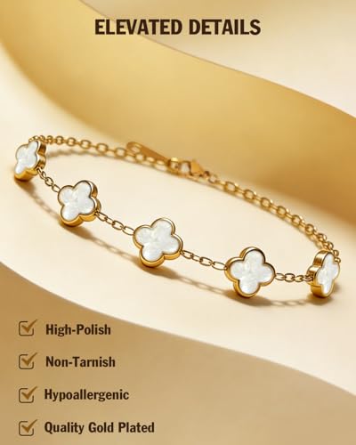 Four Leaf Clover Bracelet 18K Gold Plated Bracelets for Women Lucky Flower Design Stainless Steel Hypoallergenic Link Chain Adjustable Dainty Trendy Jewelry Gifts for Women - color: White