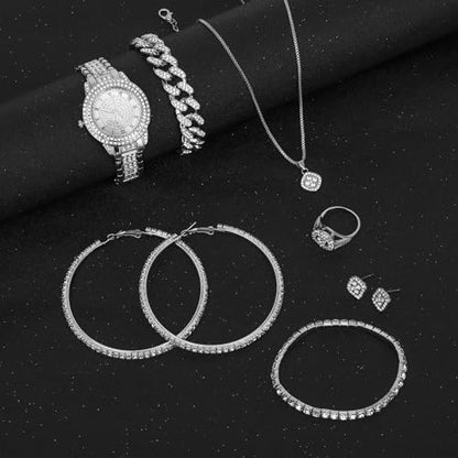 NEWITIN 13 Pieces Silver Jewelry Set for Women Stainless Steel Cuban Link Necklaces Bracelets Earrings Watch Ring Bling Cubic Zirconia Cuban Jewelry Set for Women Men - color: Silver Jewelry Set