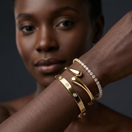 Mothers Day Gifts for Mom 18K Gold-Plated Bracelet Set – Floral Clover, Tennis, Chunky Adjustable Twist Cuff, Classic Gold-plated Bangle Stainless Steel, Non Tarnish, Stackable Bracelet Gift for Women - style: YR gold 3pcs