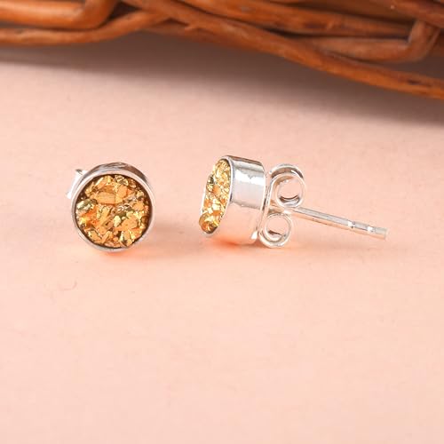 5 MM Natural Gemstone 925 Sterling Silver Hypoallergenic Studs Earrings Jewelry for Women Dainty Trendy Antiqued Silver Birthstone Earrings Jewelry Gifts for Women and Her - color: Golden Druzy