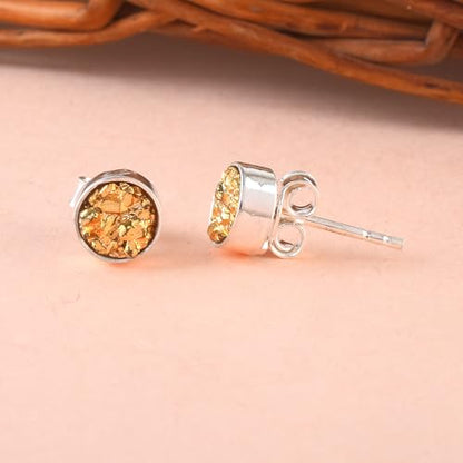 5 MM Natural Gemstone 925 Sterling Silver Hypoallergenic Studs Earrings Jewelry for Women Dainty Trendy Antiqued Silver Birthstone Earrings Jewelry Gifts for Women and Her - color: Golden Druzy