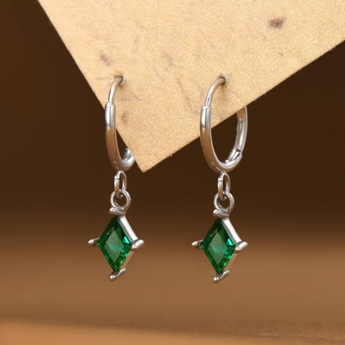 Surgical Steel Hoop Earrings for Women - Hypoallergenic Small Cartilage Huggies with Cubic Zirconia Dangle - color: Green-18K Gold Plated