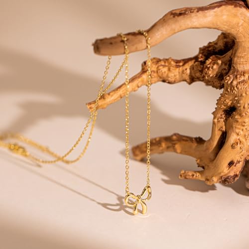 Dainty Gold Necklace: 14k Gold Plated Dianty Boots Bow Sun Moon Horse Evil Eye Conch Seahorse Necklace for Women 16.5"+2" - color: Bow 291