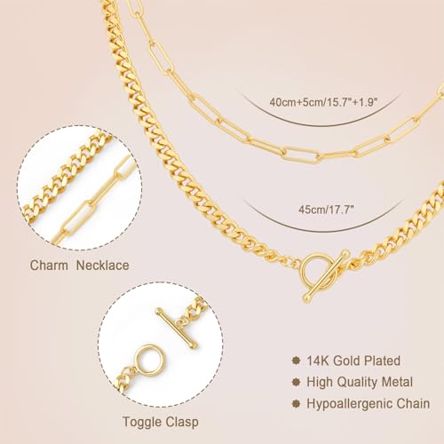 Layered Necklaces for Women 14k Gold Plated Chain Necklace Trendy Dainty Toggle Clasp Chunky Cuban Link Paperclip Chain Jewelry Gift - style: Style 1：Paperclip+Cuban Toggle