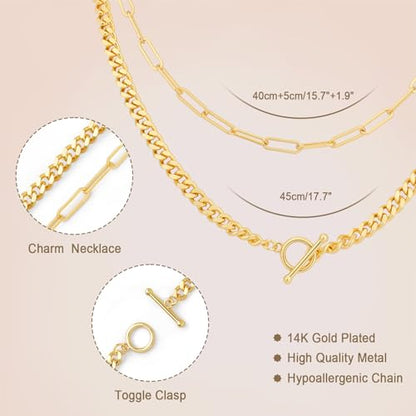 Layered Necklaces for Women 14k Gold Plated Chain Necklace Trendy Dainty Toggle Clasp Chunky Cuban Link Paperclip Chain Jewelry Gift - style: Style 1：Paperclip+Cuban Toggle