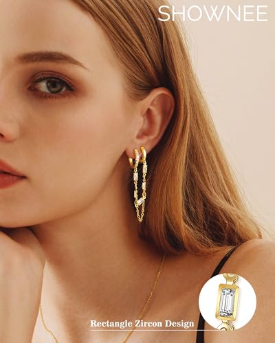 Tassel Chain Small Gold Hoop Dangle Earring For Women Huggie Earring Heart Star CZ 14K Gold Plated Fashion Jewelry Graduation Gift for Her Mothers Day Gifts for Mom - color: Double-Rectangle-Gold