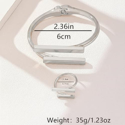 Chunky Gold Bracelet and Ring Jewelry Set,Thick Bracelets Stack Statement Rings Set Non Tarnish Chunky Bangles Jewelry Gits for Women - color: Silver