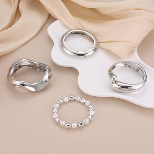 MOZAKA 4PCS Chunky Gold Bangle Bracelets for Women | Trendy Wide Wrist Cuff Bracelets Stack Statement Bangle Fashion Jewelry Gift - color: silver