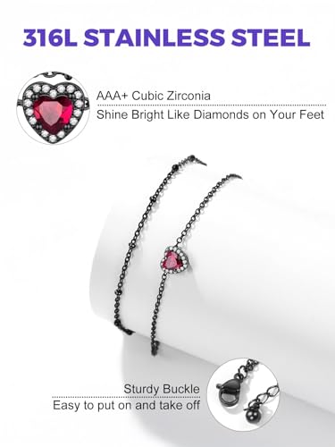 Richsteel Double Layer Heart/Butterfly Birthstone Anklet for Women | Non Tarnish Waterproof, Silver/Gold/Black Stainless Steel 8.5-10.5 Inch Adjustable Chain Anklets Summer Beach Foot Jewelry - color: Black Heart-07 Jul.(Ruby)