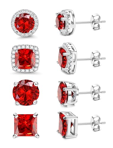MILACOLATO S925 Sterling Silver Stud Earrings for Women Men Hypoallergenic 18K Gold Plated Cubic Zirconia Earrings Studs Brilliant Simulated Diamond Halo Earring for Sensitive Ears - style: 18K White Gold Plated - Red CZ