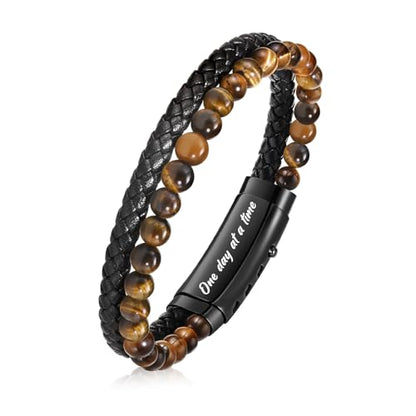 VNOX Men's Inspirational Mantra Engarved Handmade Braided Leather Adjustable Cuff Bangle Bracelet Encouragement Motivational Gift for Men - style: Black-Tiger eye