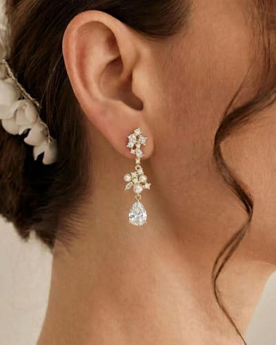 Pearl Earrings - 14K Gold/White Gold/Rose Gold Plated Cubic Zirconia CZ Diaomond Accented Pearl Drop Dangle Earrings for Women Wedding Bridal Prom - color: Gold Teardrop Design