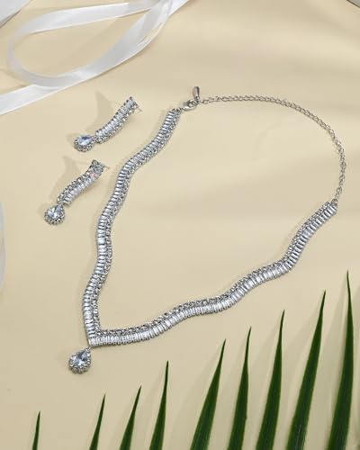 Cubic Zirconia Jewelry Set for Women Silver V Shaped Necklace and Teardrop Earrings Sparkling Rhinestone Jewelry Set Gift for Girlfriend