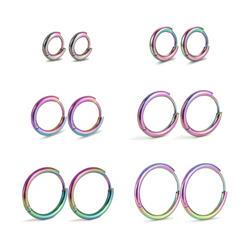 Small Gold Silver Hoop Earrings for Women Men | Stainless Steel Huggie Hoops Earring Stacks for Multiple Piercing 6mm-16mm - color: Rainbow, 6 Pairs: 6/8/10/12/14/16mm