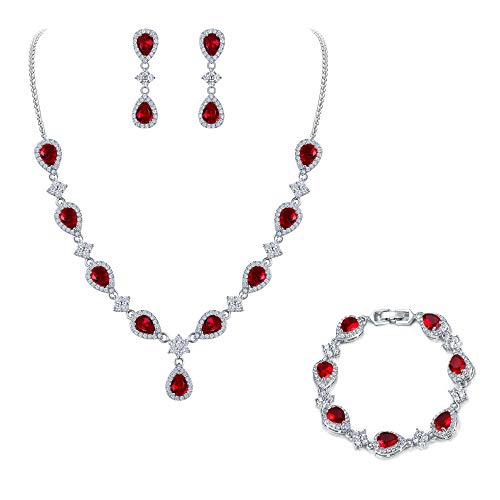 EleQueen Women's Silver-Tone Cubic Zirconia Teardrop Flower Bridal V-Necklace Sets Tennis Bracelet Dangle Earrings for Wedding Bridesmaids - color: Ruby Color