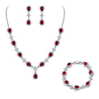 EleQueen Women's Silver-Tone Cubic Zirconia Teardrop Flower Bridal V-Necklace Sets Tennis Bracelet Dangle Earrings for Wedding Bridesmaids - color: Ruby Color