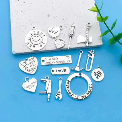 Youdiyla 45pcs Alloy Ancient Silvery Father's Day Series New Tool Set Pendant Jewelry Making DIY Keychain Earrings Pendant Various Design Charms for Jewelry Making Bracelets Necklace (SN790) - color: SN790