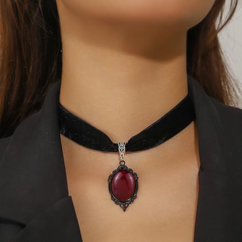 Gothic Black Velvet Goth Choker Necklace for Women,Cameo Black Choker Crow Skull Pendant Necklace Vintage Collar Skull Necklace Gothic Jewelry - style: Red