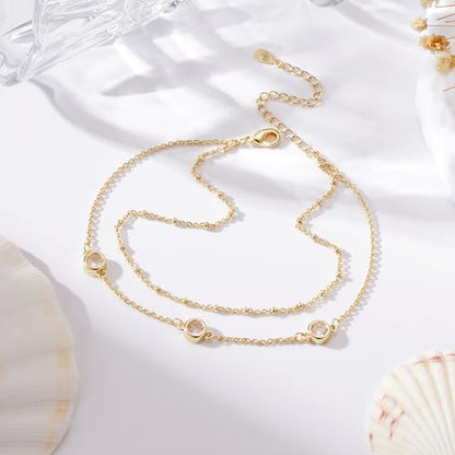 Anklets for Women Waterproof 14K Gold Plated Beach Ankle Bracelets Dainty Summer Bow Clover Heart Evil Eye Anklet Non Tarnish Layered Beach Cz Jewelry Accessories for Women Trendy - color: Gold-Round Cz