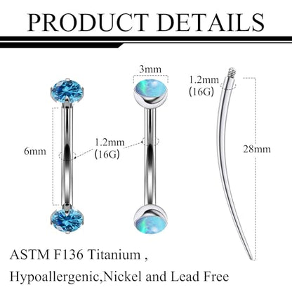 16g Rook Piercing Jewelry Titanium Internally Threaded Opal CZ Curved Barbell Eyebrow Tragus Helix Conch Lobe Labret Earrings Lip Rings Body Piercing Jewelry For Women Men 6mm 8mm 10mm - color: Ocean Blue Opal&CZ, size: 6mm