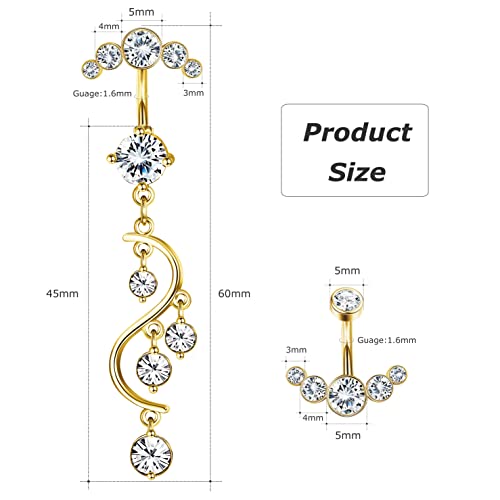 Crystal Belly Button Ring for Women Unique 14G 316L Stainless Steel Dangle Belly Rings Belly Piercing Jewelry Navel Barbell Bling Crystals Body Jewelry - style: long dangle 14k gold plated