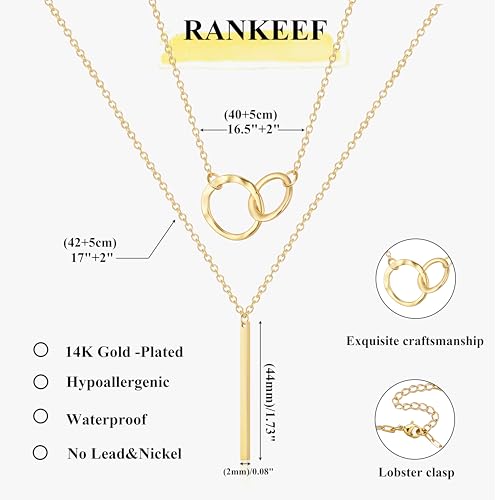 RANKEEF Layered Gold Necklaces For Women 14K Gold Plated Adjustable Pearl Round Piece Bar Layered Necklace Sleek Herringbone Chain Double Circle Layered Necklace Set Gold Layered Necklaces For Women