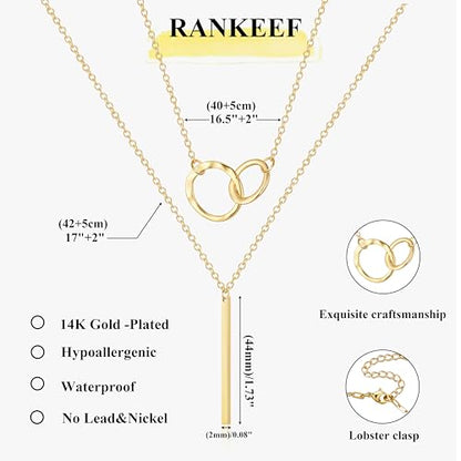 RANKEEF Layered Gold Necklaces For Women 14K Gold Plated Adjustable Pearl Round Piece Bar Layered Necklace Sleek Herringbone Chain Double Circle Layered Necklace Set Gold Layered Necklaces For Women