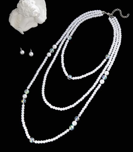 Errally Long Pearl Necklace and Earring Set Layered Pearl Beaded Necklaces for Women White Costume Jewelry Sets Gifts for Mom - color: 3-Layer