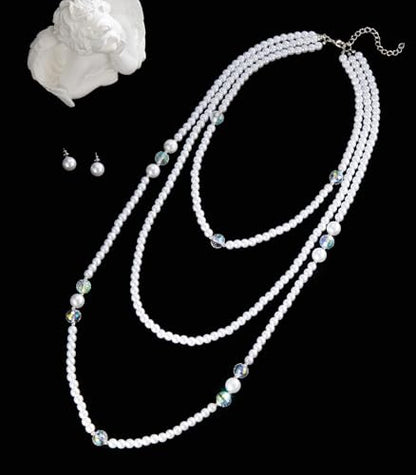 Errally Long Pearl Necklace and Earring Set Layered Pearl Beaded Necklaces for Women White Costume Jewelry Sets Gifts for Mom - color: 3-Layer